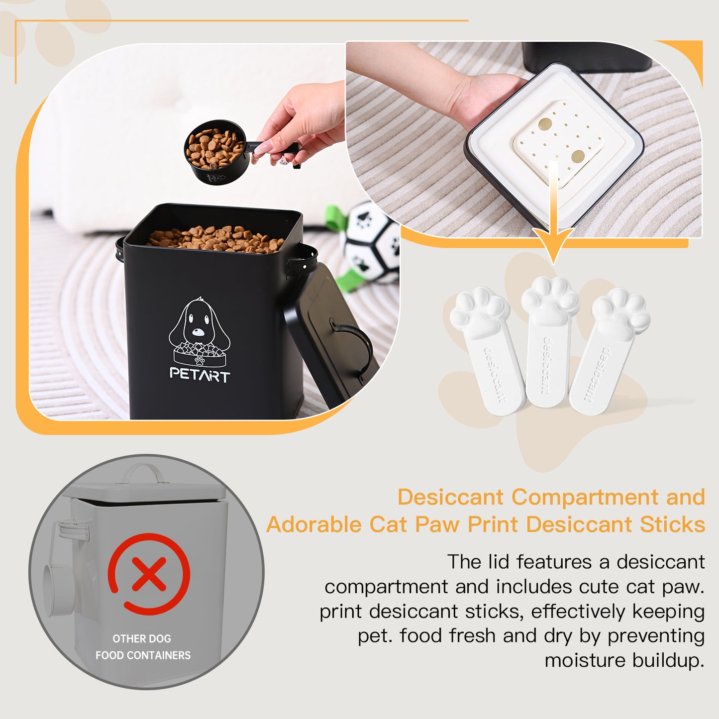 Dog Food Storage Container With Dog Ball Toy, Metal Pet Food Storage Containers,Cat Food Storage Container With Spoon & Cute Desiccant