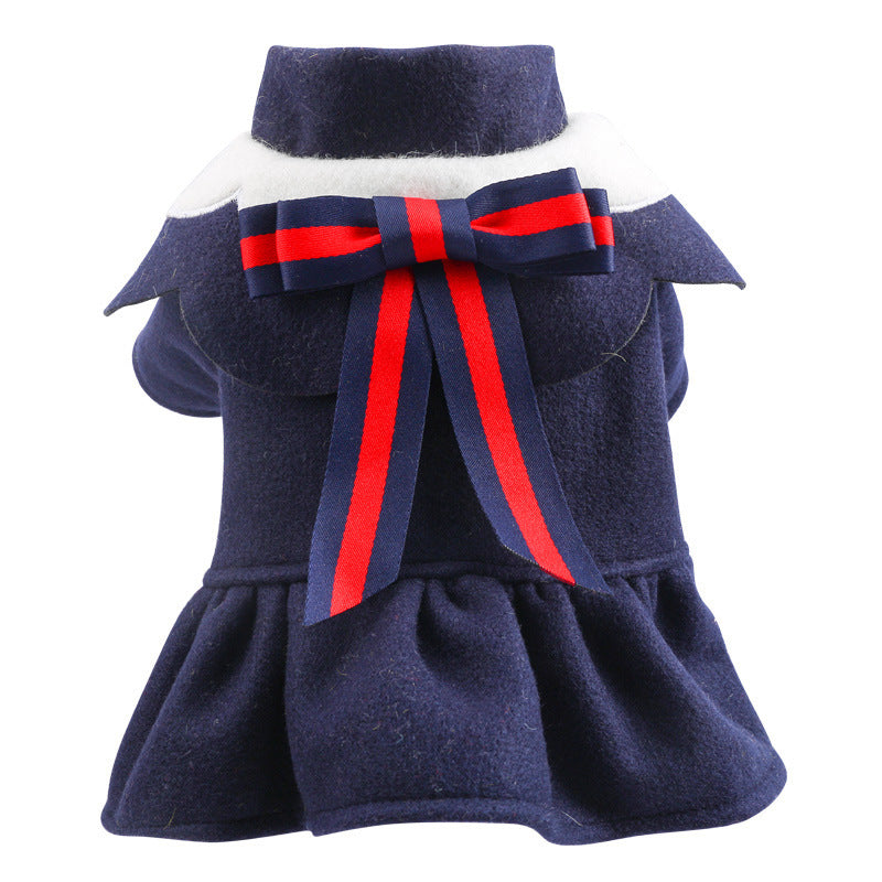 Pet Dog Cat Autumn And Winter Woolen Cloth Student British Style Cat Costume