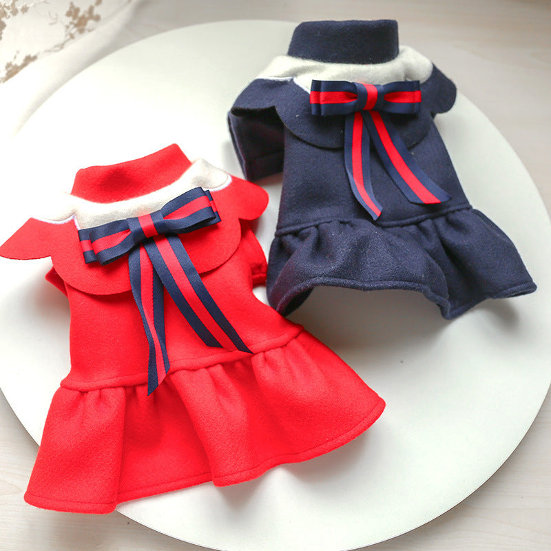 Pet Dog Cat Autumn And Winter Woolen Cloth Student British Style Cat Costume