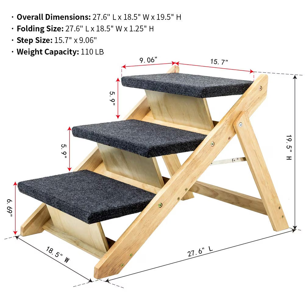 Wood Foldable 3 Levels Dog Stairs Ramp Perfect For Beds And Cars Portable Dog Ladder Up To 110 Pounds
