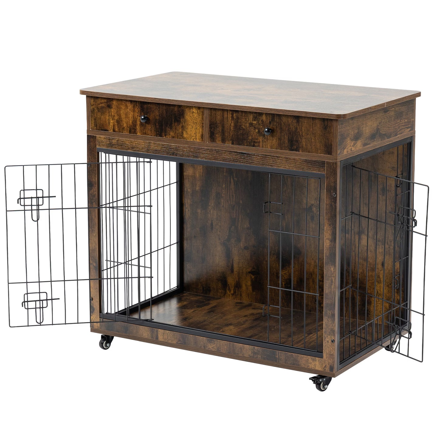 Wooden Dog Crate, 38.4 Inch Dog Kennel With 2 Drawers Storage, Heavy Duty Dog For indoor Use
