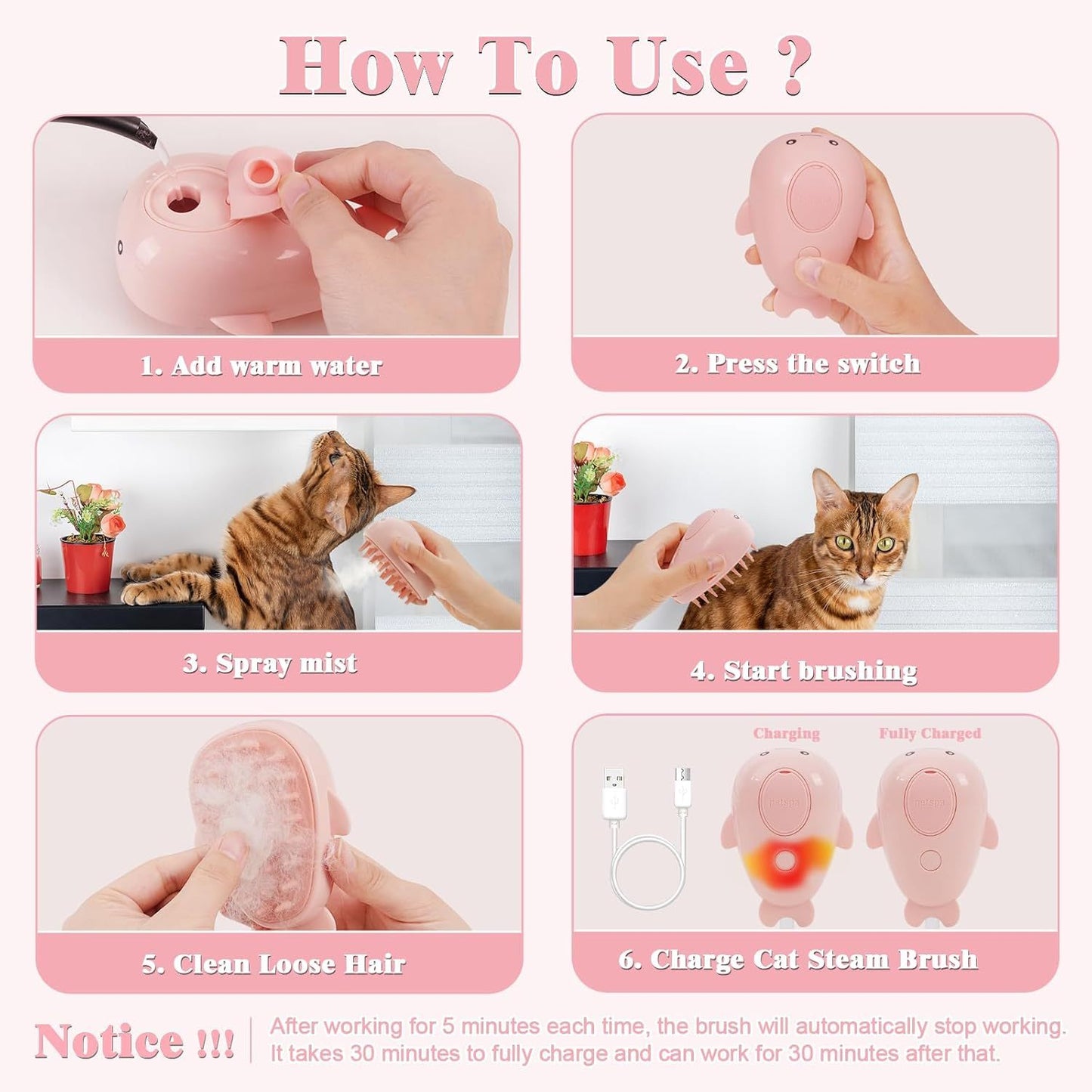 3 In 1 Steamy, Rechargeable Self Cleaning Pet Groom Silicone Brush/Spray Brush For Massage, Pet Hair Removal Comb
