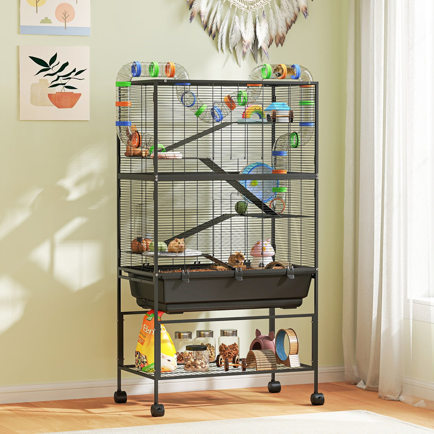 5 Tier Hamster Cage, Rolling Cage With Deep Tray, Storage Shelf, Big Exercise Wheel, Hut, Tube System