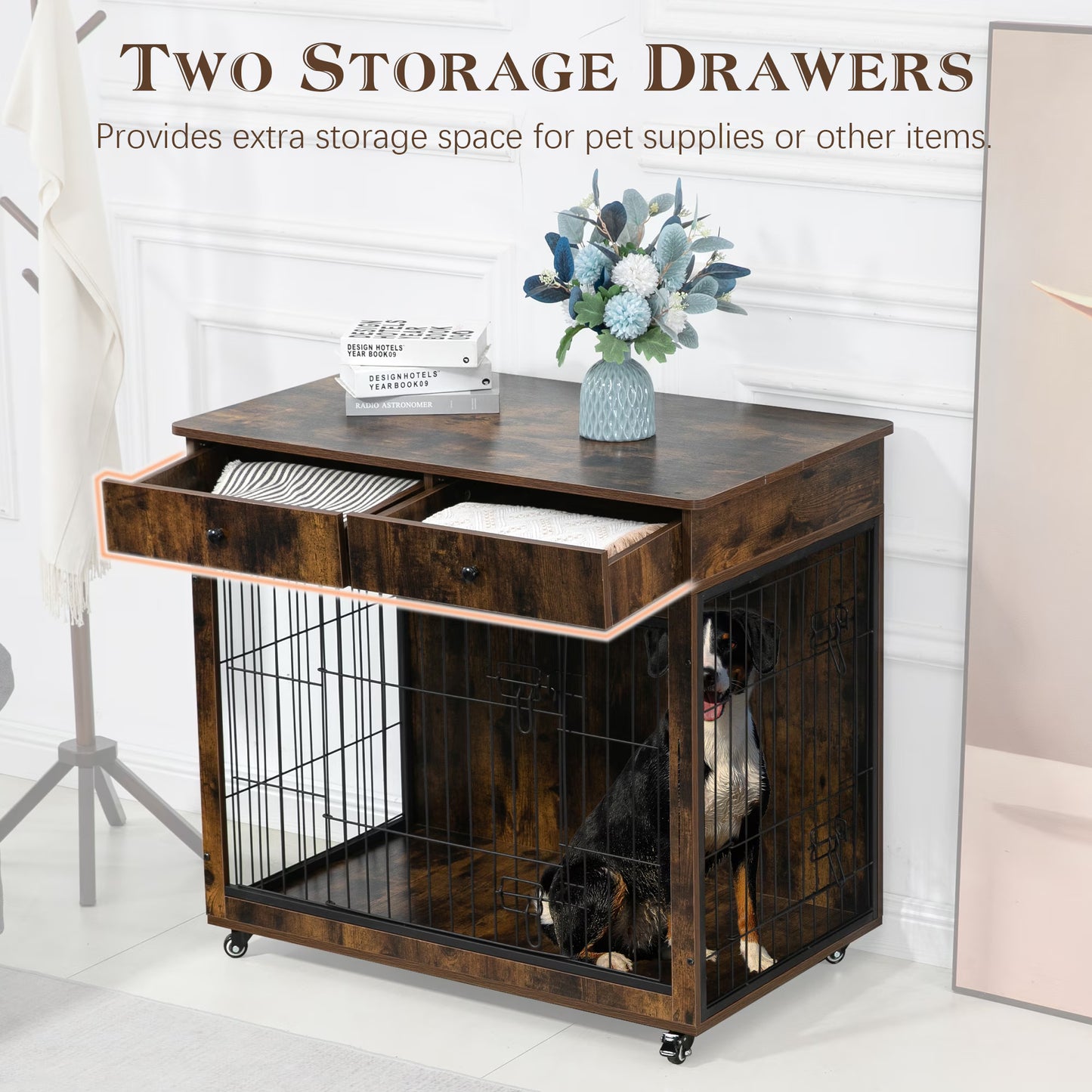 Wooden Dog Crate, 38.4 Inch Dog Kennel With 2 Drawers Storage, Heavy Duty Dog For indoor Use