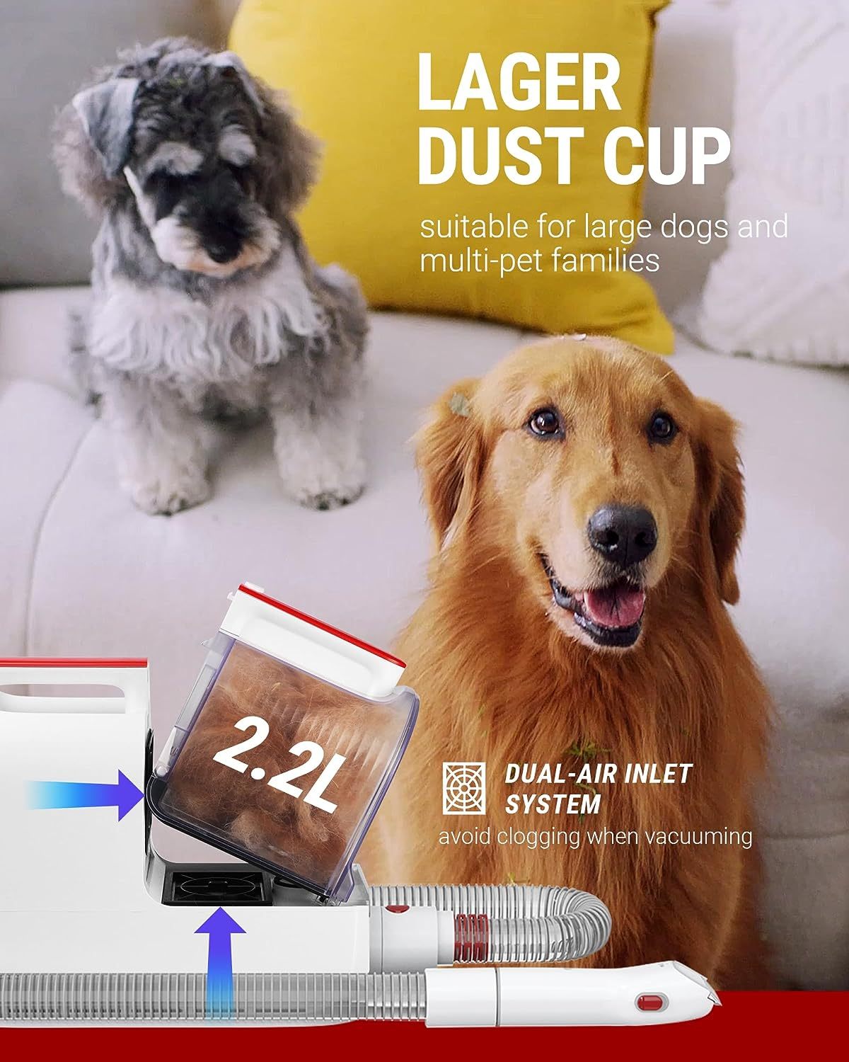 VacLife Pet Hair Vacuum For Shedding Grooming Kit With Brushes And Other Grooming Tools For Dogs And Cats - Low-Noise - White And Red