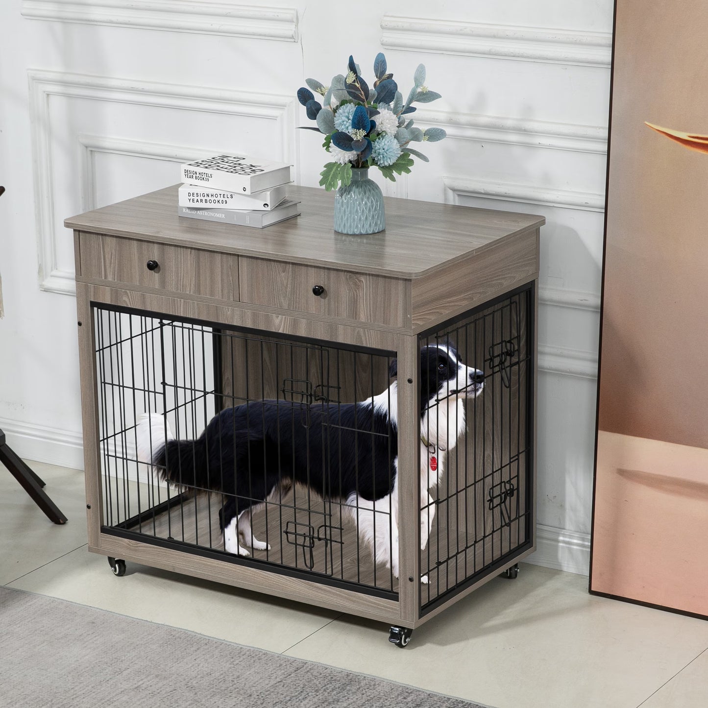 Wooden Dog Crate, 38.4 Inch Dog Kennel With 2 Drawers Storage, Heavy Duty Dog For indoor Use