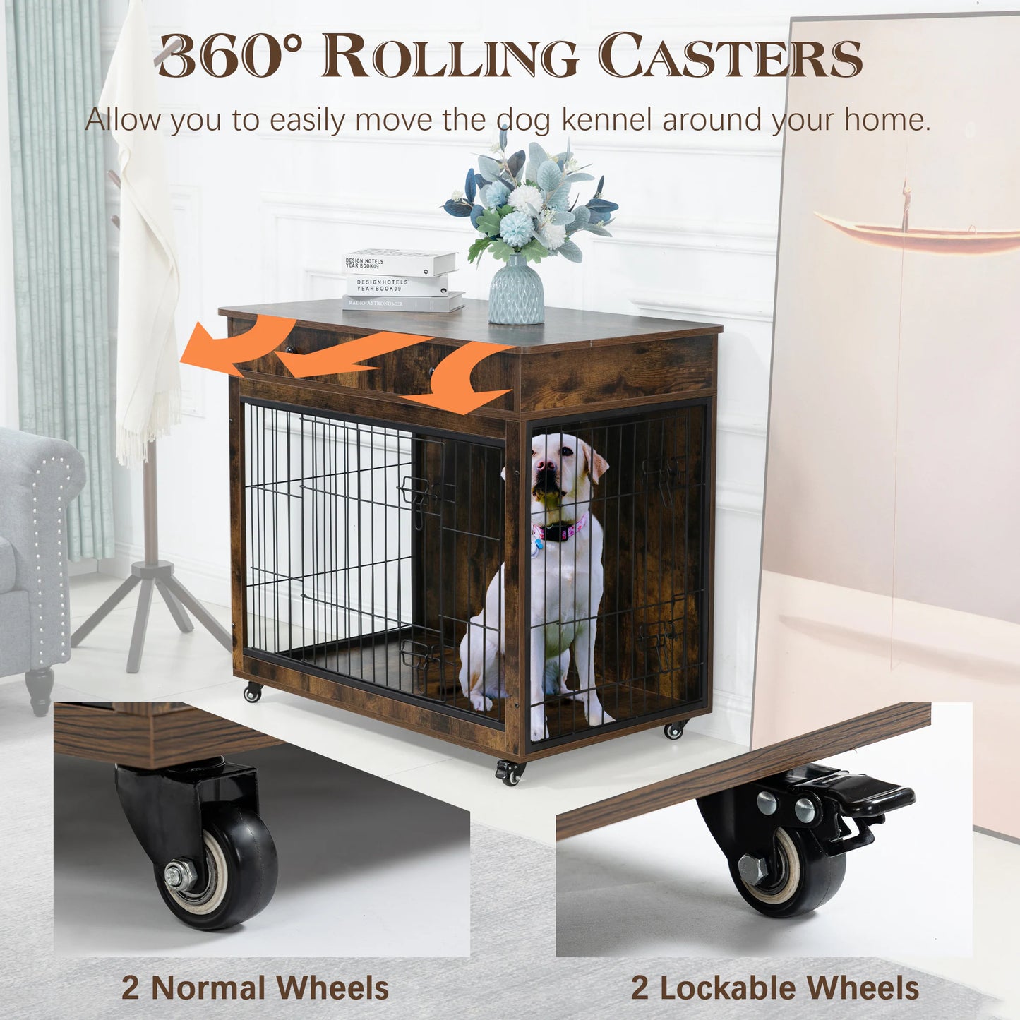 Wooden Dog Crate, 38.4 Inch Dog Kennel With 2 Drawers Storage, Heavy Duty Dog For indoor Use