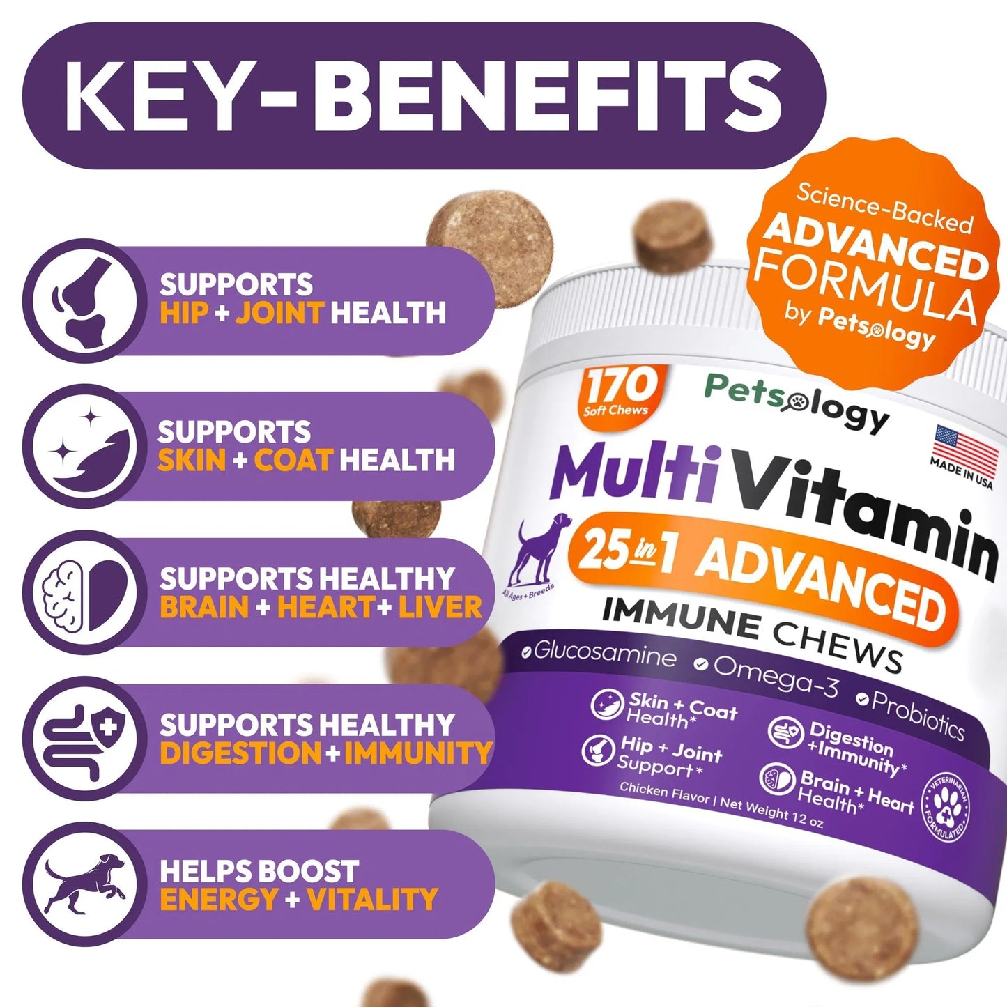Dog Multivitamin With Glucosamine 170 Chews Hip & Joint Pet Immune Support Skin & Coat Gut & Heart Health Senior & Puppy Multivitamin Pet Supplement