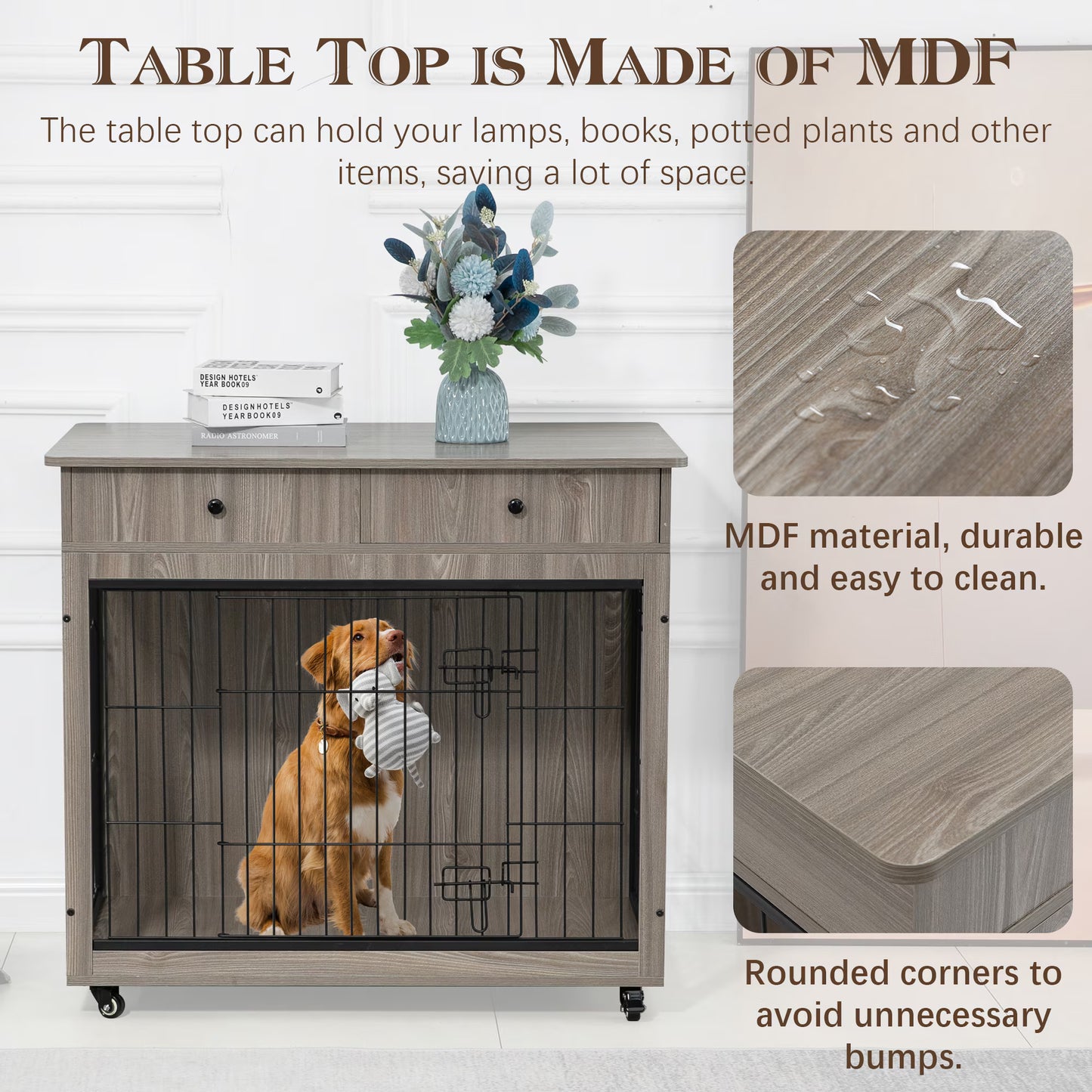 Wooden Dog Crate, 38.4 Inch Dog Kennel With 2 Drawers Storage, Heavy Duty Dog For indoor Use