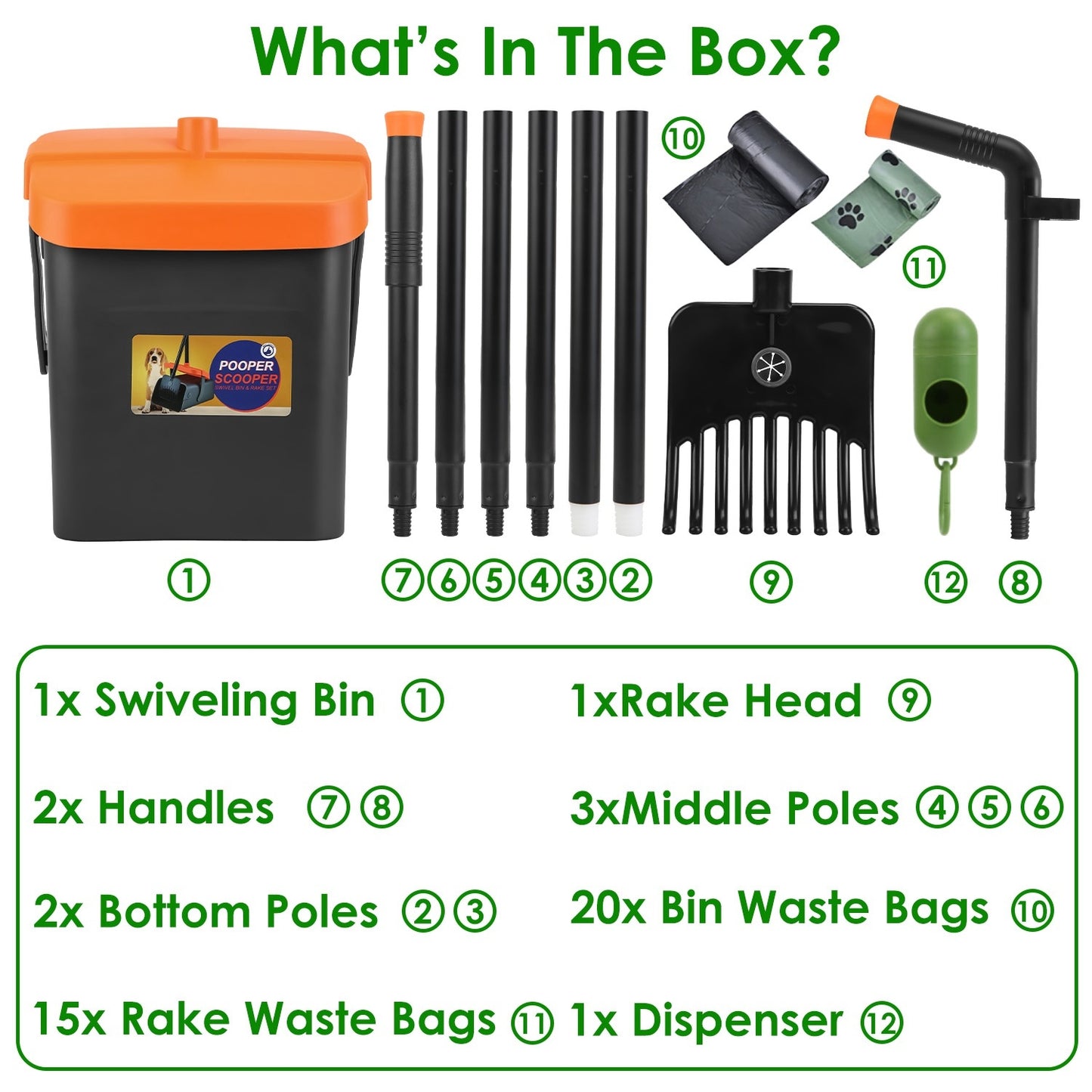 1Set Scooper Kit Dog Poop Rake & Swiveling Bin Heavy Duty Pick Up Tool With Extra Long Handle 35 Waste Bags Dispenser