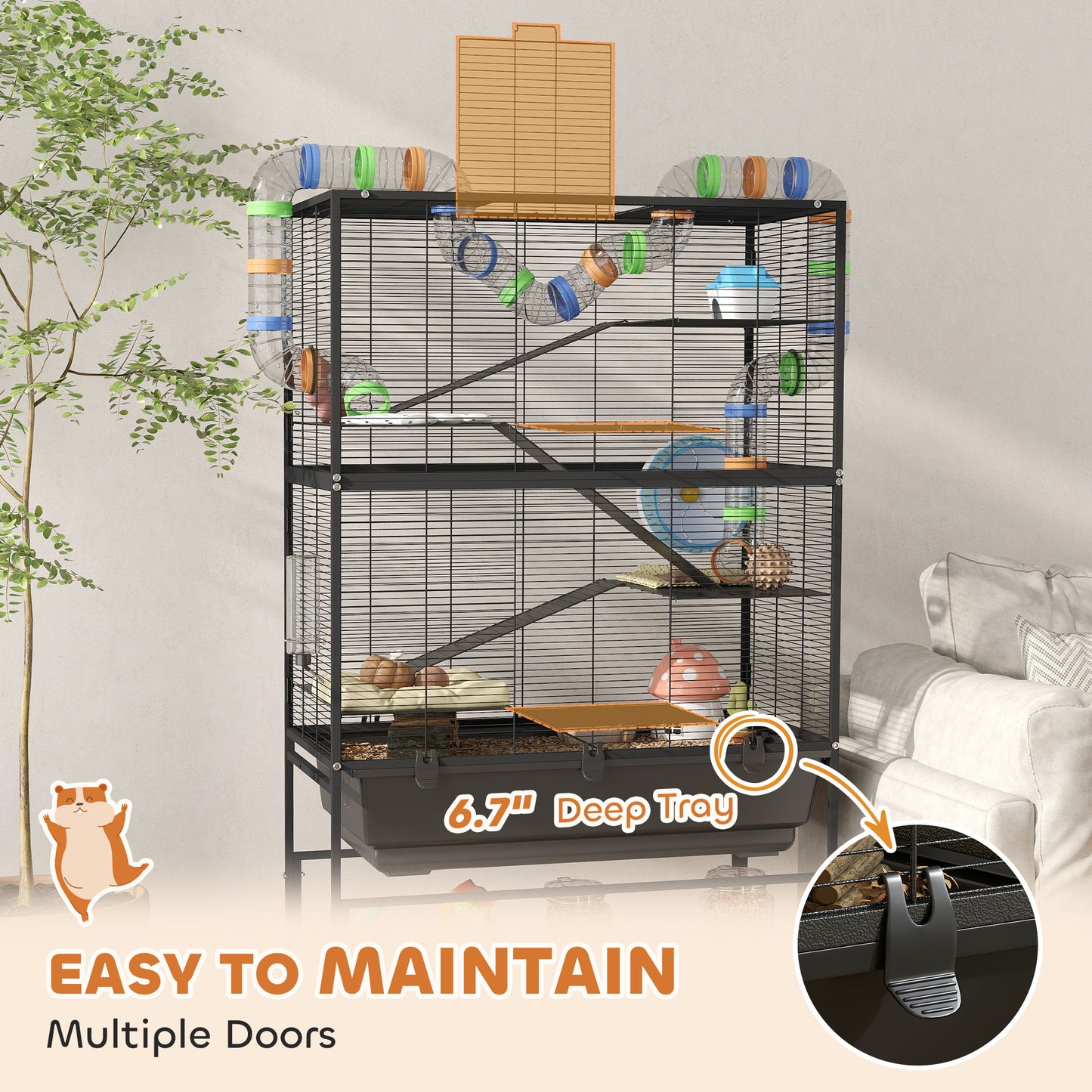 5 Tier Hamster Cage, Rolling Cage With Deep Tray, Storage Shelf, Big Exercise Wheel, Hut, Tube System