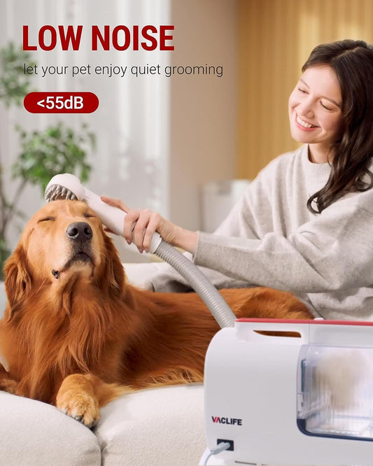 VacLife Pet Hair Vacuum For Shedding Grooming Kit With Brushes And Other Grooming Tools For Dogs And Cats - Low-Noise - White And Red