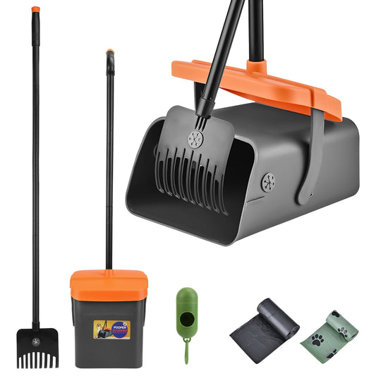 1Set Scooper Kit Dog Poop Rake & Swiveling Bin Heavy Duty Pick Up Tool With Extra Long Handle 35 Waste Bags Dispenser