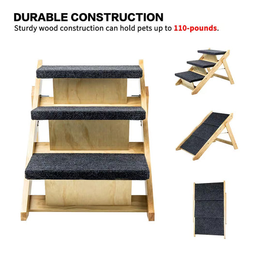 Wood Foldable 3 Levels Dog Stairs  Ramp Perfect For Beds And Cars Portable Dog Ladder Up To 110 Pounds